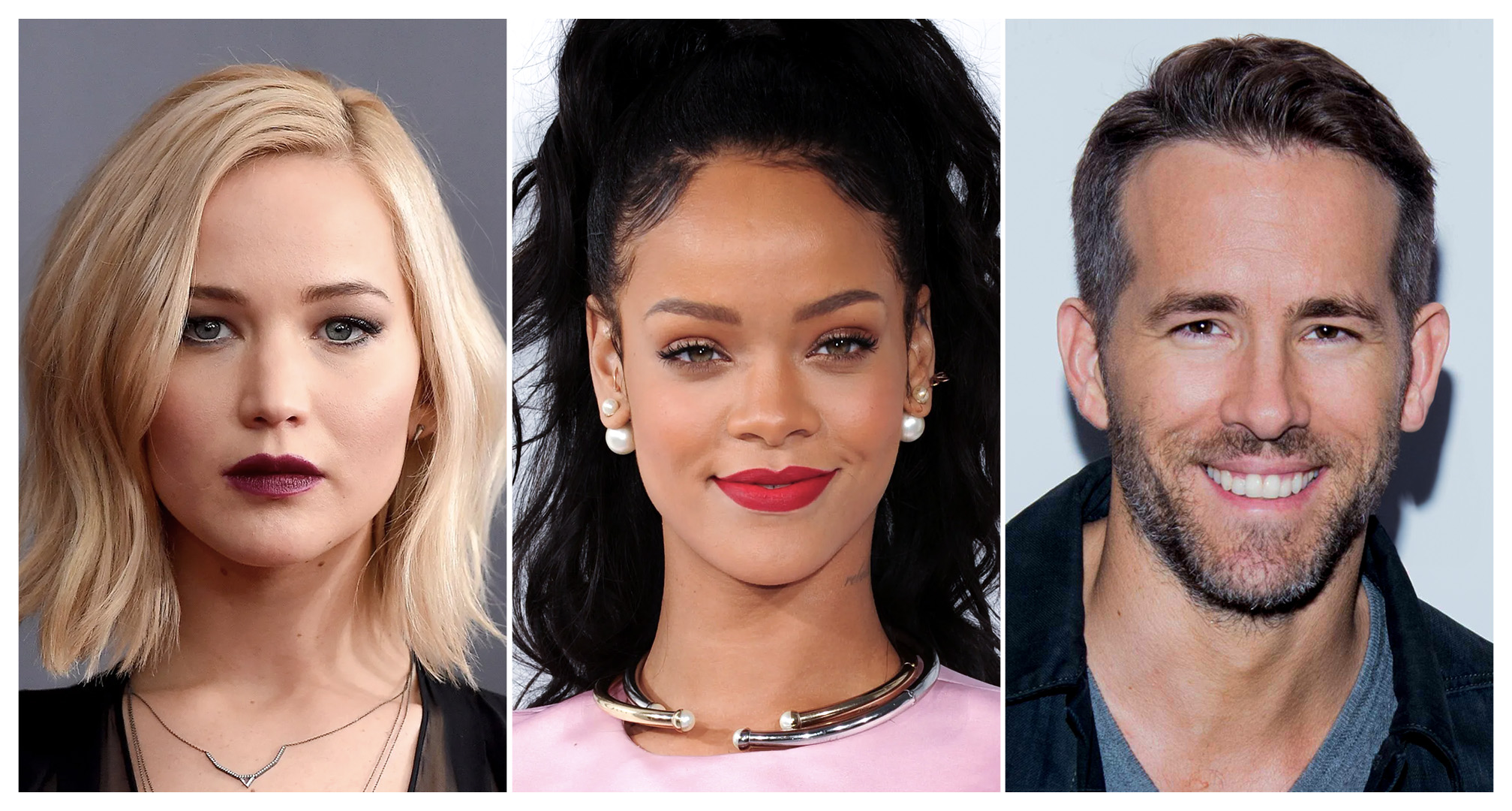 collage of jennifer lawrence, rihanna, and ryan reynolds