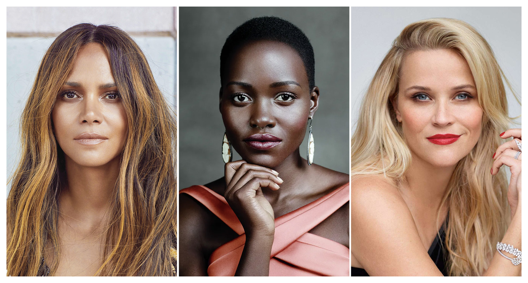 collage of halle berry, lupita nyong'o, and reese witherspoon