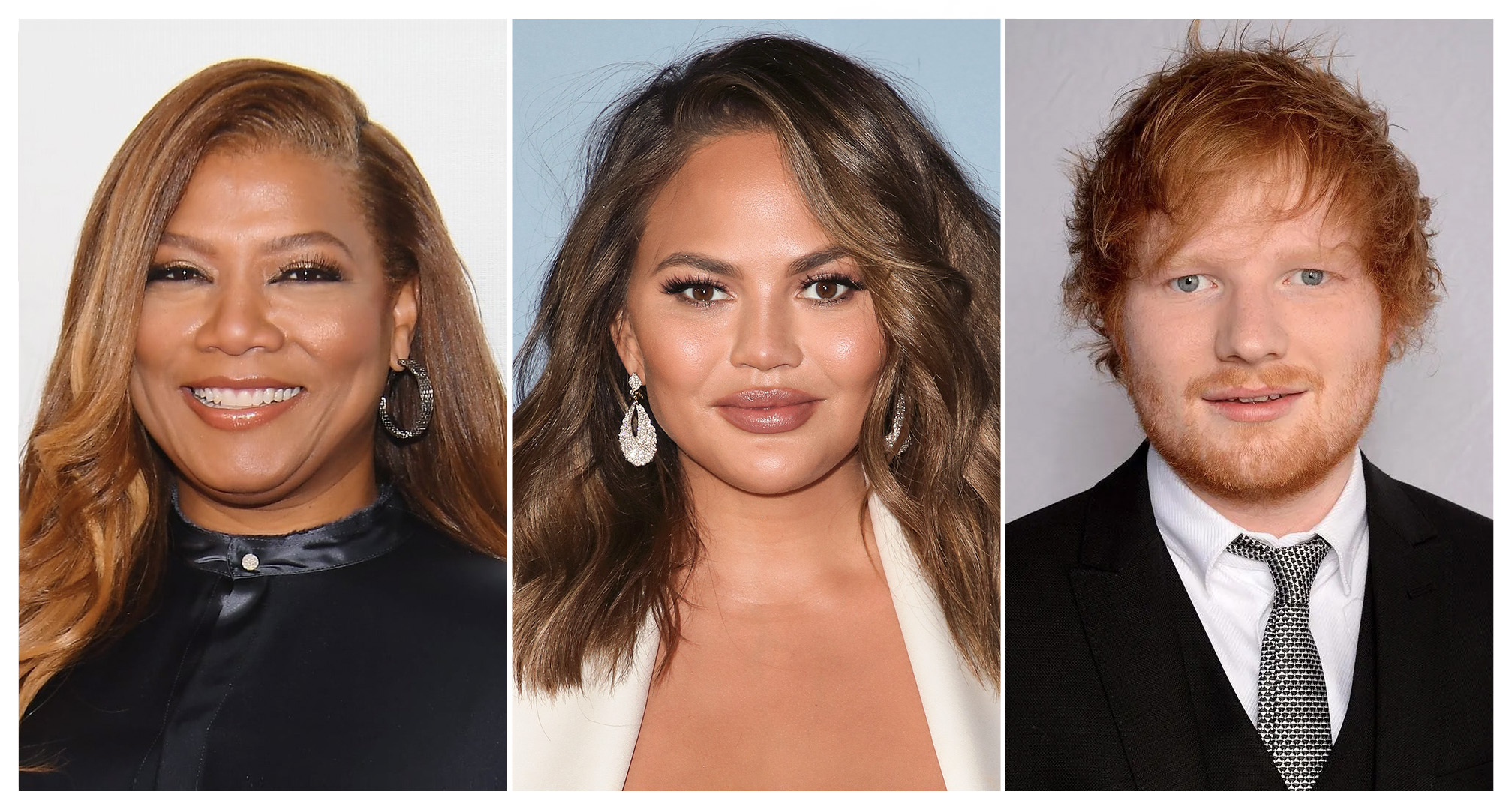 collage of queen latifah, chrissy teigen, and ed sheeran.