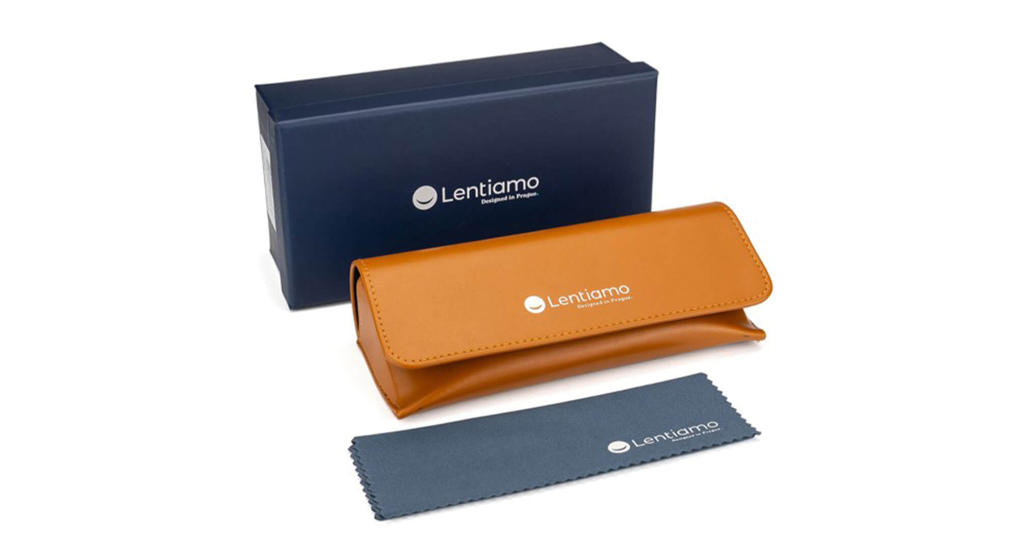 brown glasses case with dark blue box and microfiber cloth