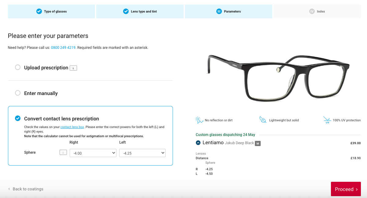 screenshot of prescription conversion calculator at checkout