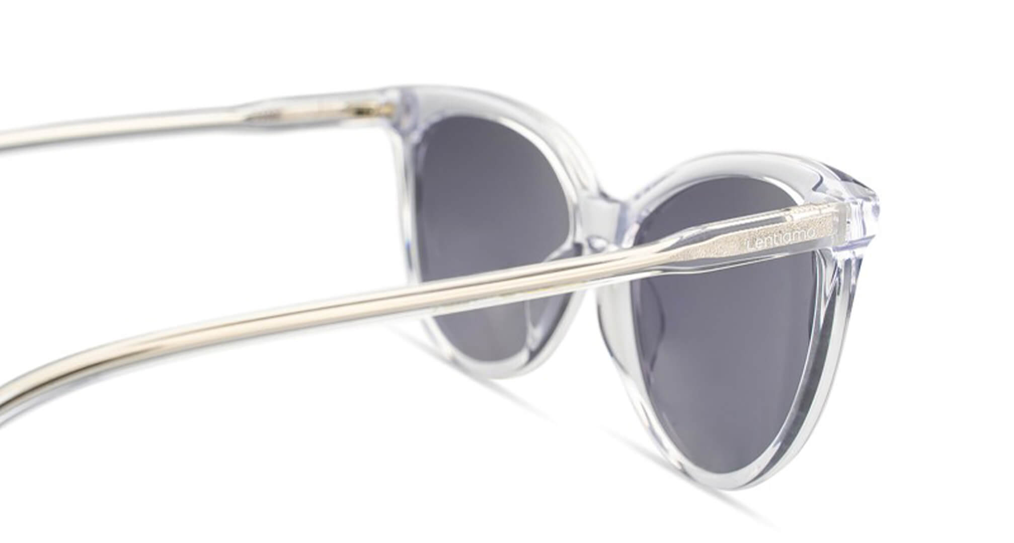 close up image of clear lentiamo acetate eyeglass frame